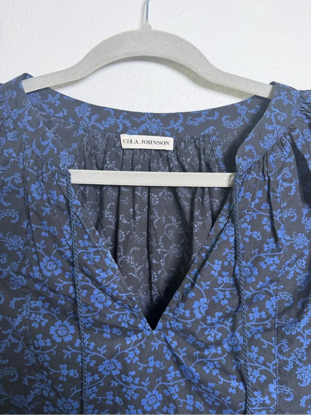 Ulla Johnson Elm Top-Navy & Blue Floral Tassel Tie-Front Blouse Retail $245